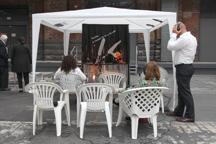 For this year's ABC, Berlin artist Alice Creischer prepared an installation that had previously debuted in 2000 during the World Exhibition in Hannover. Inspired by Gustave Courbets’ “Pavilion du Réalisme”, Creischer creates a 3-act puppet theatre play that deals with the historic and contemporary negotiations between intellectual, political and economical powers. Courtesy of artberlincontemporary.com. Photo by Stefan Korte