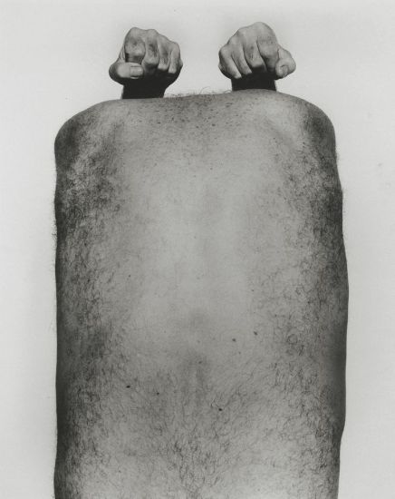 John Coplans, "Self Portrait: Back with Arms Above", 1984, Gelatin Silver Print 111 4/5 × 85 in, 284 × 215.9 cm @ Galerie Nordenhake